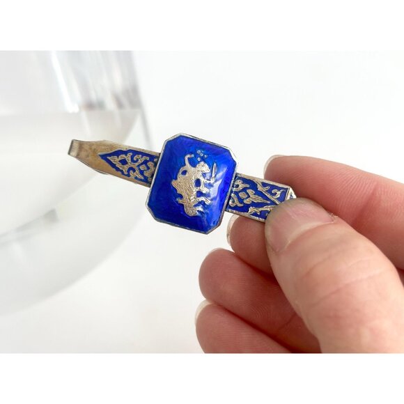 Matcha Damascene Blue Siam Sterling Silver Vintage Nielloware Men's Tie Bar Clip - Picture 8 of 10